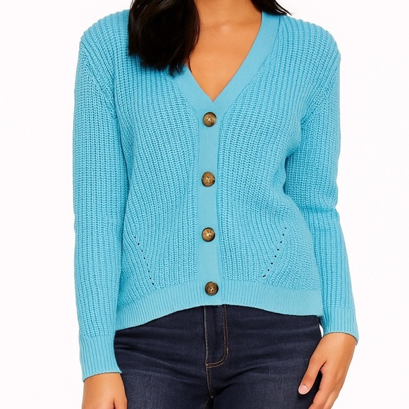 Loft Light Blue Button Down Knit Cardigan Sweater Women’s Size Large Soft Casual - Picture 1 of 6